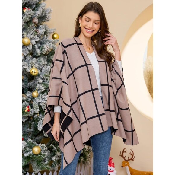 Women's Az Black and Khaki Fall Winter Shawl Open Front Cardigan Imported Shawls - Picture 6 of 8